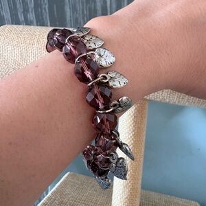 NWT Crystal Charm Stretch Bracelet in Purple and Silver Hearts